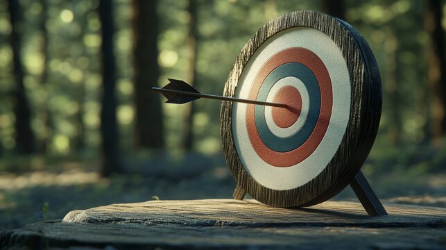 Bullseye with an arrow on the center. in the forest