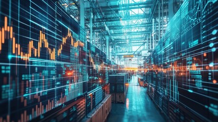 An advanced industrial warehouse featuring digital data overlay and stock charts, representing the fusion of technology and modern logistics in a vibrant, high-tech environment.