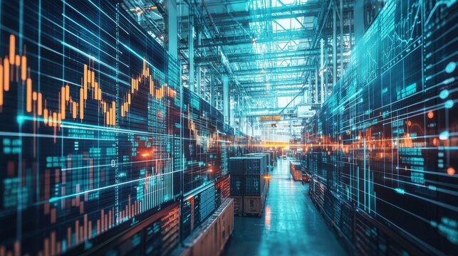An advanced industrial warehouse featuring digital data overlay and stock charts, representing the fusion of technology and modern logistics in a vibrant, high-tech environment.