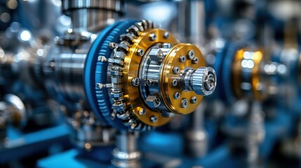 Fototapeta premium Detailed Close-Up of Precision Engine Components with Metallic Finish, Showcasing Gear Mechanism, Innovative Engineering, and Industrial Design Elements in a Factory Setting