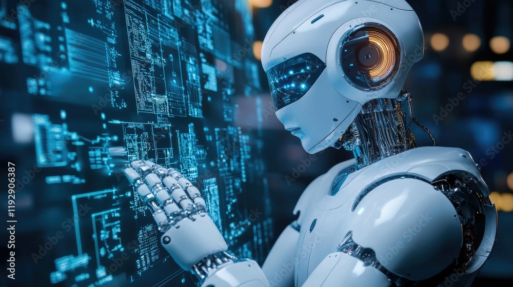 Poster futuristic robot analyzing data with digital interface displaying complex technology and blue light 