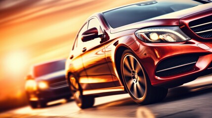 Dynamic View of Red Luxury Car on Road During Traffic Jam at Sunset with Blurred Background Highlighting Motion and Speed in Urban Environment