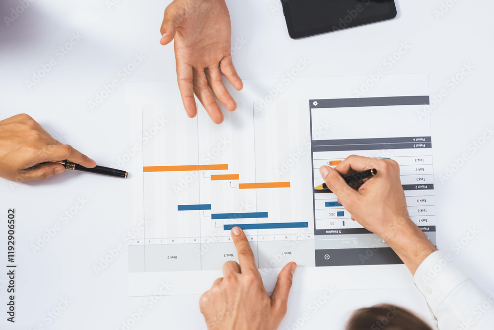 Poster top view project manager communicate and collaborate with team using project management software, tr