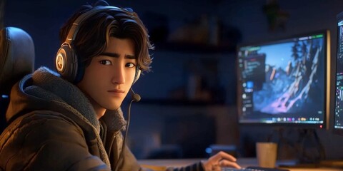 A focused gamer immersed in gameplay, lit by neon purple hues. Captures the energy of esports and the dynamic experience of competitive gaming.