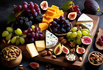elegant exquisite cheese board presentation featuring assorted colorful enticing accompaniments eye catching display, appetizer, array, artisan, blue