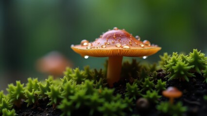 Vibrant Mushroom Covered in Dew in a Forest Scene

