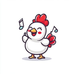 Cartoon chicken singing with musical notes on white background, ideal for children's content