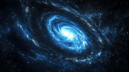 A spiral galaxy in the deep black of space, with its bright blue center and swirling stars against an infinite dark background
