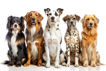A spectrum of dog breeds, photographed in a studio, showcases their unique colors against a stark white background.