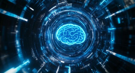 Fototapeta premium A digital brain with glowing blue lights and holographic effects