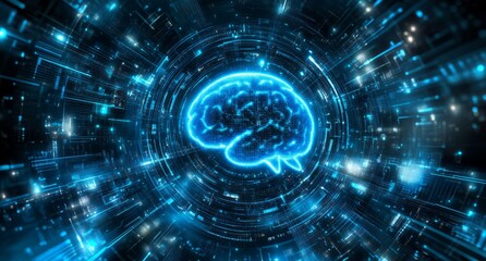 A digital brain with glowing blue lights and holographic effects