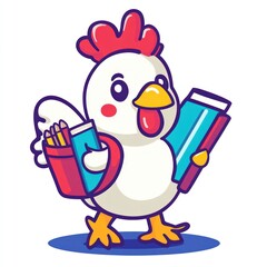 Cartoon rooster student carrying books and pencils, school background, education illustration