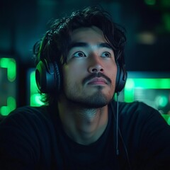 A focused gamer immersed in gameplay, lit by neon purple hues. Captures the energy of esports and the dynamic experience of competitive gaming.