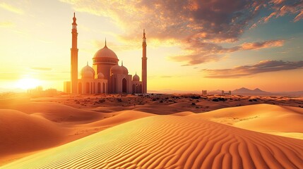 Breathtaking Sunset Over Majestic Mosque Surrounded by Golden Sands in a Desert Landscape Capturing Serenity and Architectural Beauty