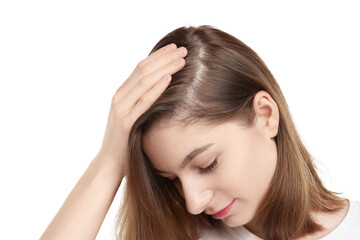 Girl with hair loss problem on white background