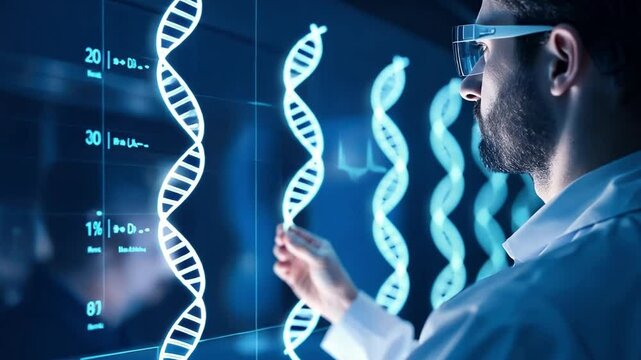 Scientist analyzing DNA strands in laboratory.