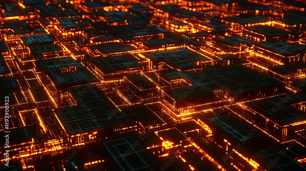 Poster abstract futuristic digital landscape with glowing orange lines and geometric patterns representing 