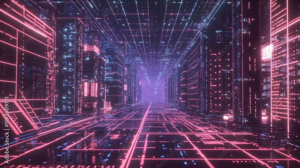 Poster futuristic neon cityscape with glowing lines and digital structures representing advanced technology