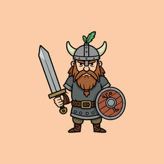 A cartoon illustration depicts a fierce Viking warrior armed with a sword and shield, ready for battle.