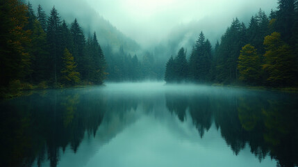 Obraz premium A lake surrounded by a forest blanketed in fog, creating a mysterious atmosphere