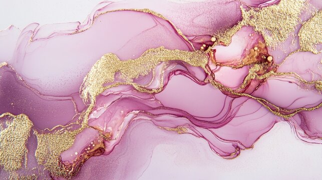 Rose pink liquid watercolor background with golden lines creating an elegant blush marble effect, for bridal wedding invitations, RSVP cards, menu designs with luxurious alcohol ink drawing style