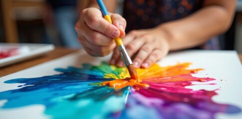 Naklejka premium Small hands holding brushes gently pour acrylic paint onto a canvas in a fluid motion, color mixing, abstract painting, fluid brushstrokes