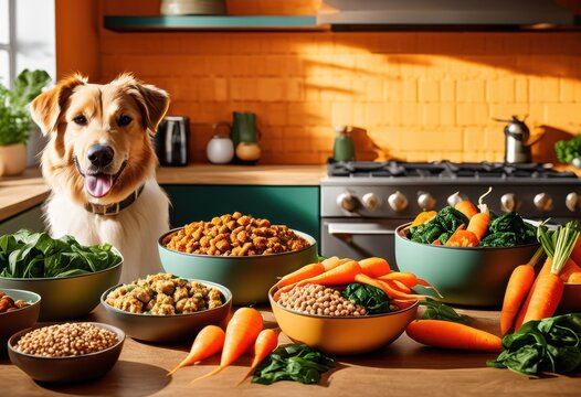 vibrant bowls premium dog food loaded fresh ingredients nutrient rich elements healthy pets, dogs, nutritious, meals, wholesome, kibble, colorful, recipes