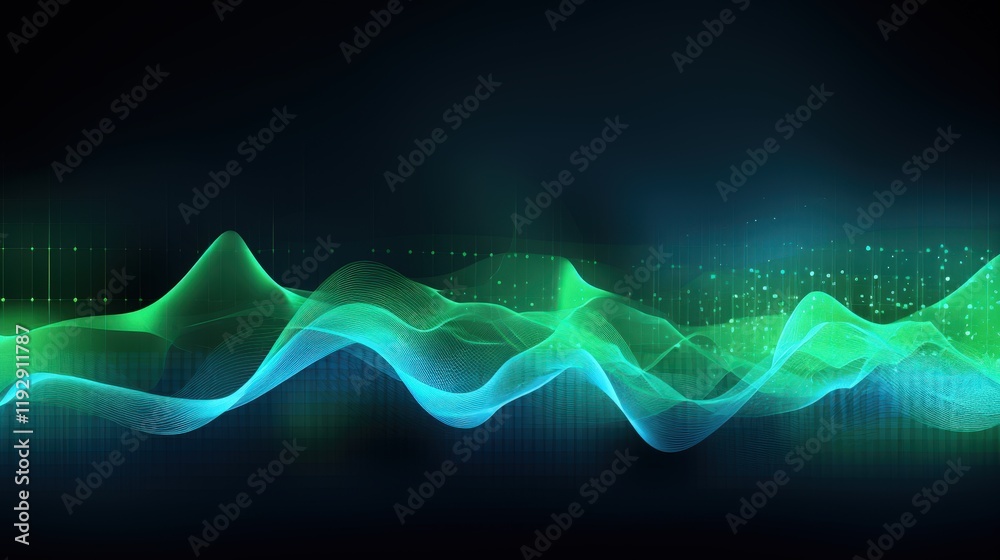 Poster vibrant abstract waveforms in shades of green and blue with digital elements for stock image usage a