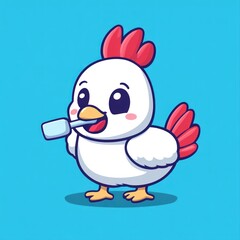 Obraz premium Chicken Brushing Teeth With Toothbrush In Blue Background, Cartoon Illustration