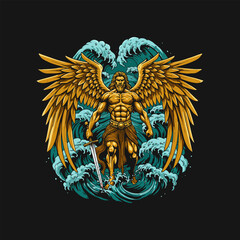 Obraz premium A majestic golden-winged angel warrior stands defiantly amidst crashing ocean waves, holding a sword.