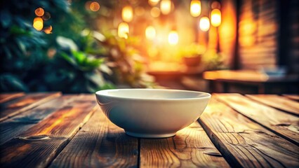 Crisp product shot: pristine white ceramic bowl on a rustic wooden floor, showcasing depth of field.