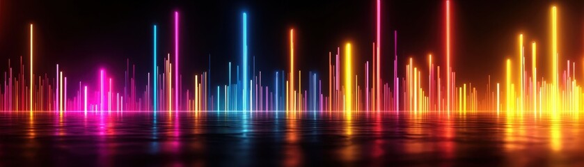 A vibrant display of colorful sound waves reflecting in a dark setting, showcasing dynamic and energetic light patterns.