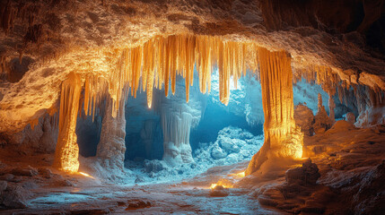 A mysterious cave with stalactites and stalagmites illuminated by glowing natural light