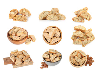 Tasty cookies with almond nuts isolated on white, set. Traditional Italian Cantuccini