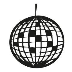 Hand drawn minimalist disco ball glass sparkling elements isolated sticker in whimsical monochrome retro vintage style.
