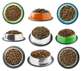 Dry pet food for dogs in feeding bowls isolated on white, top and side views