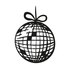 Hand drawn minimalist disco ball glass sparkling elements isolated sticker in whimsical monochrome retro vintage style.