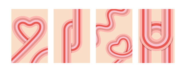Retro Valentine posters 70s style. Vintage geometric backgrounds with pink lines.
