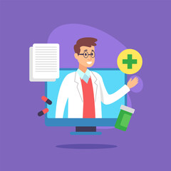 Doctor in computer monitor vector illustration. Cartoon drawing of computer, pills, capsules and medical documents. Modern medicine, telemedicine, online consultation and healthcare concept