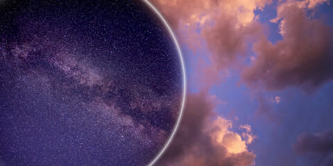 Sky in different time of day, collage. Banner design