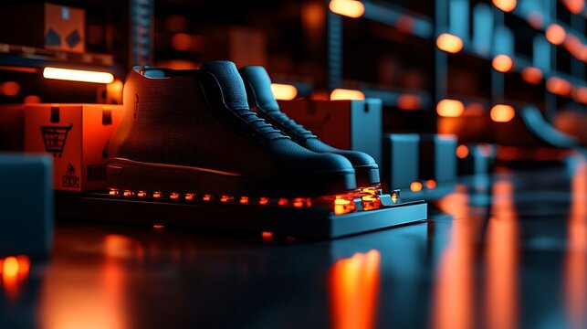 Warehouse shoes storage, e-commerce fulfillment, order processing, night lighting, digital inventory