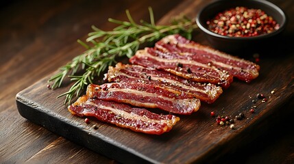 Sizzling bacon slices rest on rustic wooden board with rosemary and chili flakes, captured in dark moody lighting with dramatic shadows and textured details, presenting gourmet styling.