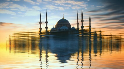 Obraz premium Stunning image of a mosque with its reflection in water during a colorful sunset