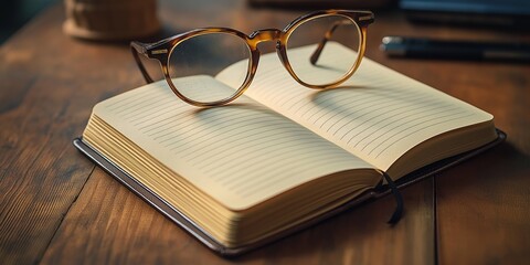 A pair of tortoiseshell glasses rests on an open notebook, its pages filled with lined paper,...