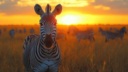 Obraz premium A savanna at sunset, with zebras grazing under the golden light of a setting sun