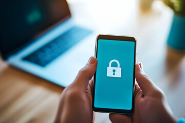 Fototapeta premium A person holds a smartphone displaying a locked padlock icon, symbolizing security and privacy in digital devices, with a laptop in the background.