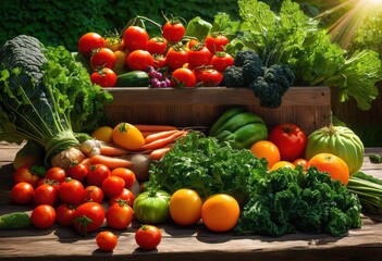 vibrant fresh produce displayed outdoors under bright natural sunlight showcase lush greenery, vegetables, fruits, freshness, greens, herbs, tomatoes