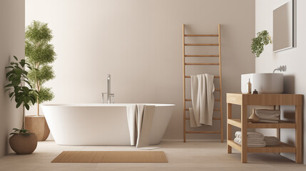 Fototapeta premium Serene minimalist bathroom featuring beige walls, wooden storage, and a white bathtub mock-up, enhanced by natural light and a potted plant for a tranquil atmosphere.