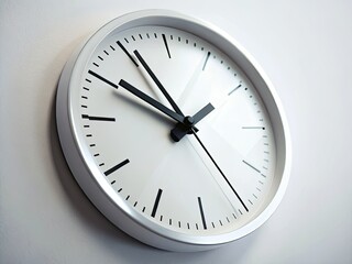 Elegant minimalist wall clock: classic white face, bold black hands, timeless design, perfect timepiece photography.