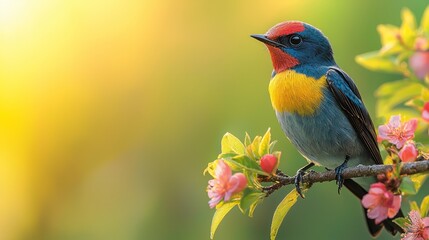 Colorful bird on flowering branch, spring sunrise, nature background, perfect for nature documentaries
